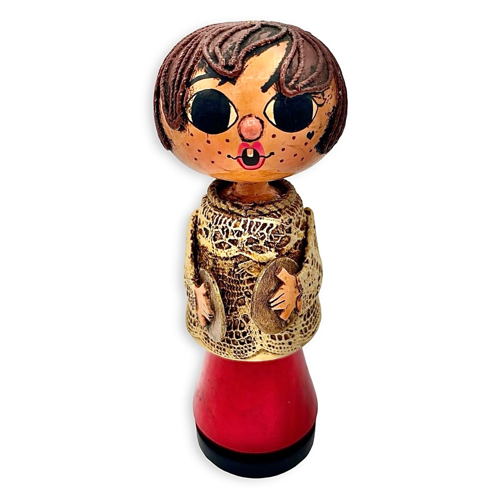 Vintage Gustavo Mexican Folk Art Turned Wood Doll Figurine 1960s Red MCM Style